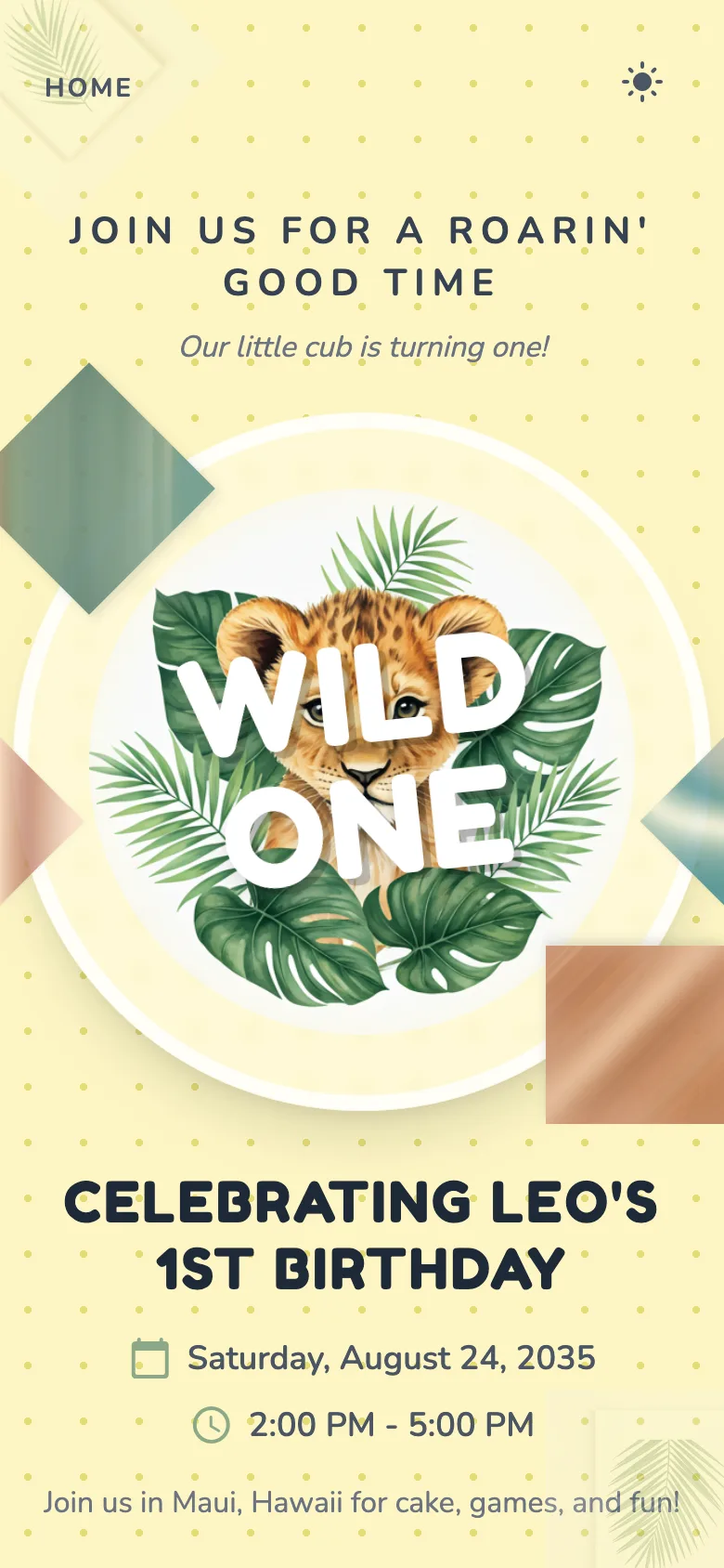 Trang thiệp mời sinh nhật 1 tuổi của Leo (chủ đề Wild One)